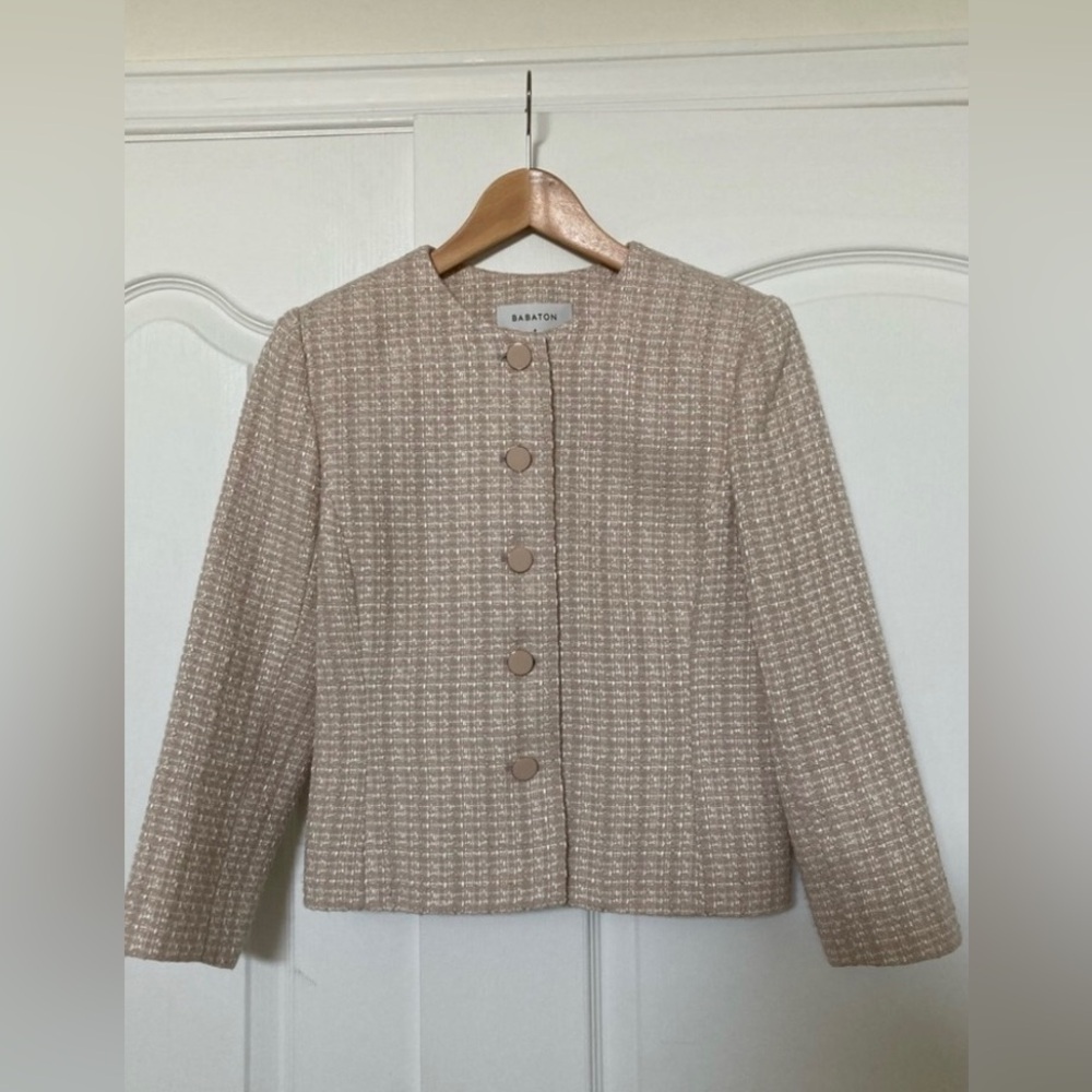 Aritzia Babaton little tweed jacket, denude/lurex, size 6